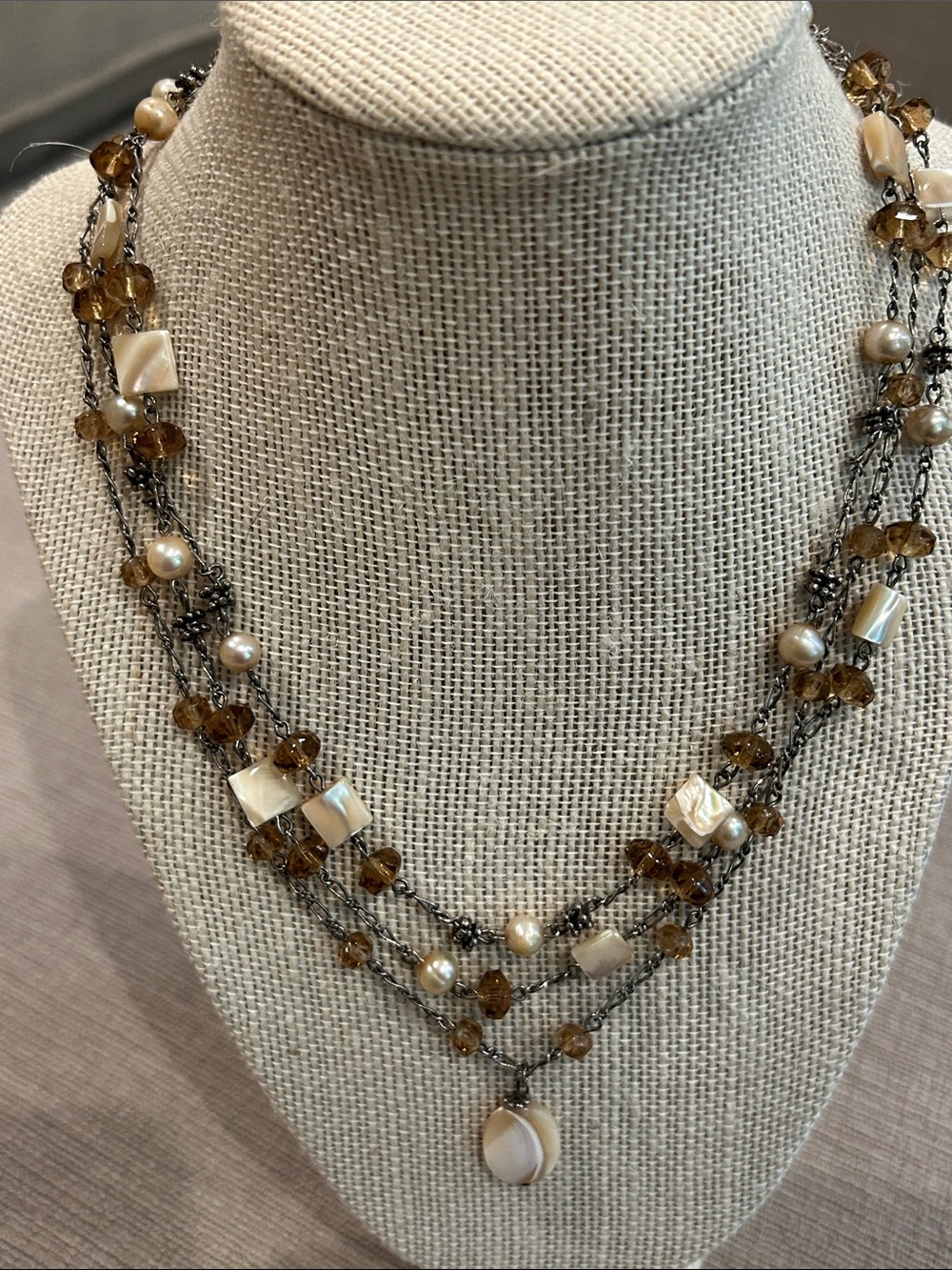 Layered Brown Crystal, mother of pearl & freshwater Pearl Necklace